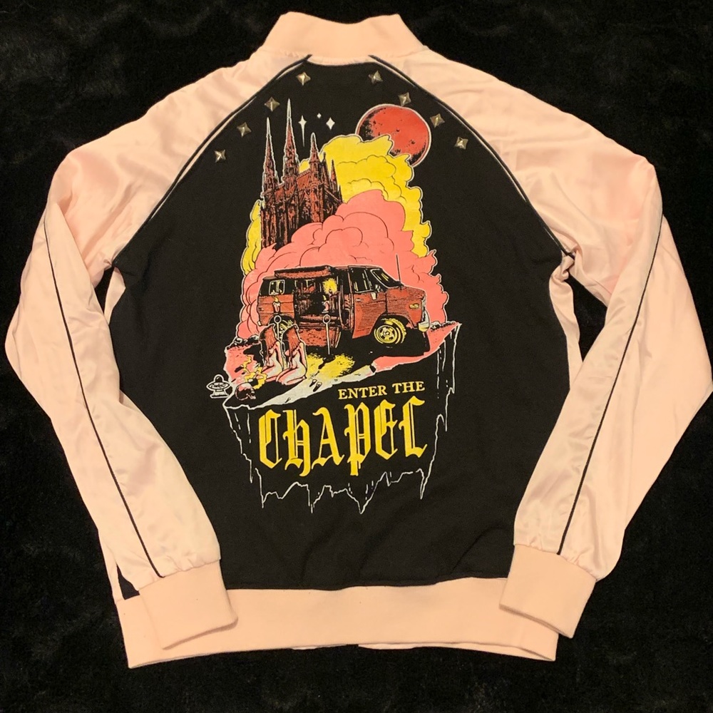 UPCYCLED SATIN VARSITY JACKET WITH STUDS